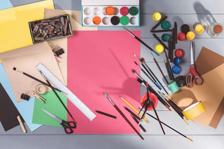 Drawing or painting in art studio. Top view mock-up backgroundの写真素材