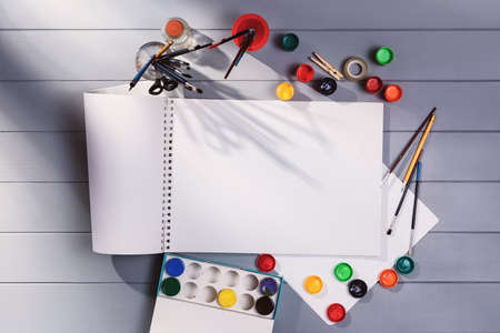Drawing or painting in art studio. Top view mock-up backgroundの写真素材