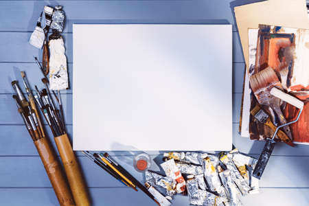 Drawing or painting in art studio. Top view mock-up background
