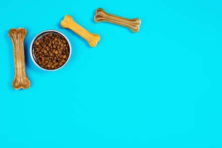 Dog pet food and accessories on blue background top view.