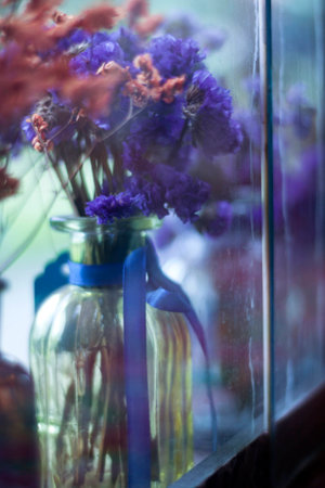 Decorations on the window of a coffee shopの写真素材