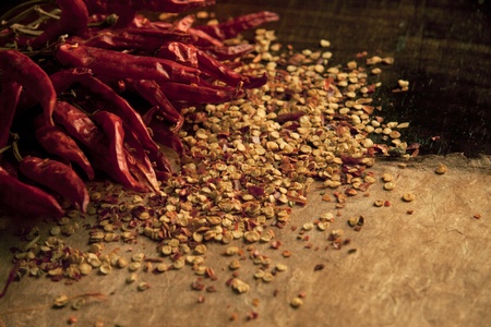 Red Hot Chili Peppers over wooden backgroundの写真素材