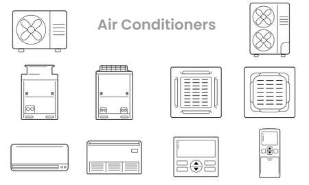 Icons set of Air conditioners various type as symbol-block-line-outline. Various objects of air conditioners-condensing unit-fan coil-indoor outdoor unit- ceiling mount-wall mount and remote controlのイラスト素材
