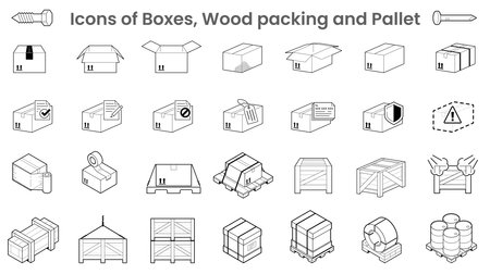 Illustration vector of sign symbol icon boxes and wood packing. various type of matter for transportation or freight shipping.のイラスト素材