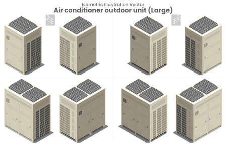 Isometric vector as flat design of a large air conditioners module for systems or condensing unit as various type of all upper blow fan for installation outside building of residential or manufacturing equipmentのイラスト素材