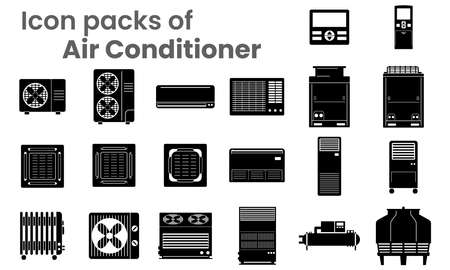 Vector Icon packs Air conditioners various type as symbol-block-line-outline. Various objects of air conditioners condensing fan coil indoor-outdoor unit ceiling mount wall mount and remote controlのイラスト素材