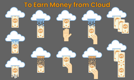 Illustration vector about making money with cloud in various symbol, earning money or cash from cloud, hand picking up cash from cloud, money flow out from cloud.のイラスト素材