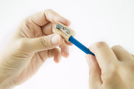 Wooden pencil sharpener on white backgroundの写真素材