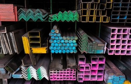 Steel Pipes bunch on the rack in warehouseの写真素材