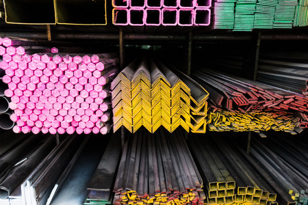 Steel Pipes bunch on the rack in warehouse