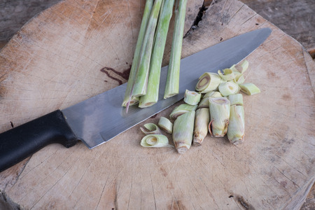 lemongrass and knife on the chopping blockの写真素材