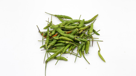 Green chili peppers isolated on white backgroundの写真素材