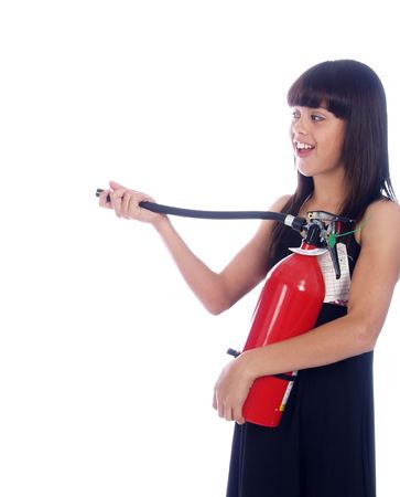 young girl with fire extinguisherの写真素材
