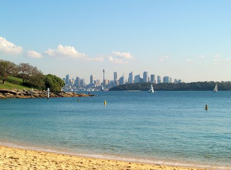 View from the beach with the Sydney skyline in the backgroundの写真素材