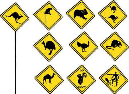 Australian traffic signs in with different wildlife on it (cartoon style) - Vector fileのイラスト素材