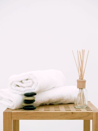 Small table with spa essentialsの写真素材