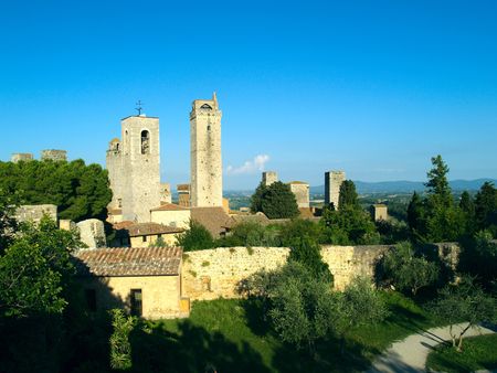view of the two towers in San Gimignano - Tuscany, Italyの写真素材