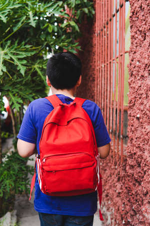 Black-haired boy from behind walking down a tree-lined street with his red backpack on heading to schoolの写真素材