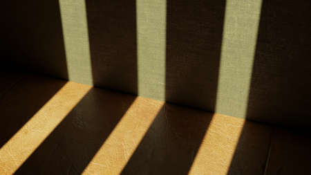 Top view of a room with leather texture on the floor and green wall. It is being lit by a window producing three intense shadows. The room is used to place models or productsの写真素材