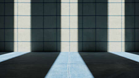 Room with walls and fabric textures with front lighting from three windows