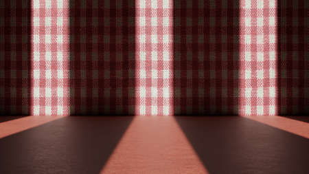 3D illustration. Room in front view with three lights illuminating in the form of vertical lines. Room with fabric textured wall and brown leather floor.の写真素材