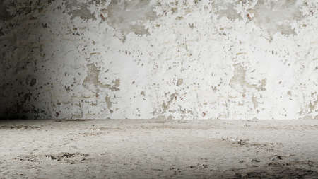 3D illustration. Wall and floor made of concrete and plaster. Realistic render of construction site. Side light projection. Site to place productsの写真素材