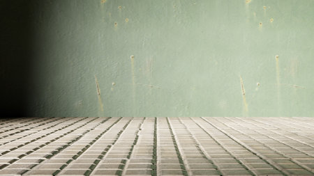 Empty green tiled bathroom with bright light. Metal texture on the wall. Hyperrealistic rendering.3D illustration.の写真素材