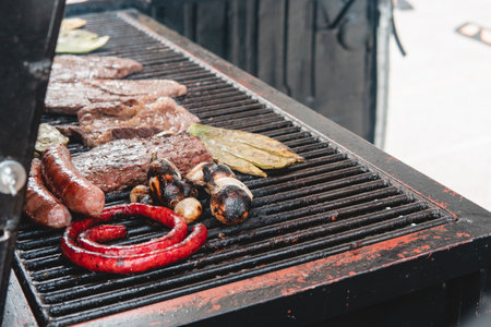 Side view of a grill full of cuts of meat vegetables and sausages.