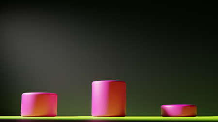 Front view of an empty room with a green floor and a black phone with three magenta cylinders in the center. 3D rendering.の写真素材