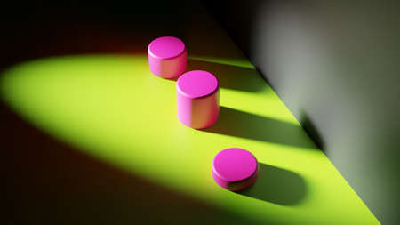 3d rendering. Diagonal top view of an empty room with light from a circular beacon projecting onto...