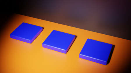 3D Rendering 3D illustration. Diagonal top view of an empty orange room with three blue bases.の写真素材