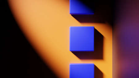3D rendering. 3D illustration. Top view of an empty orange room where there are three blue squares in the center illuminated by a diagonal light.の写真素材