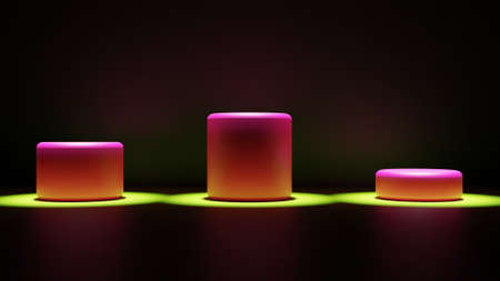 Dark room with three cylinders in the center being illuminated by baffles from above. 3D rendering.