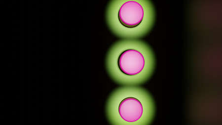 3D rendering. 3d illustration. A podium of three pink cylinders on a green floor in a dark room....