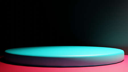 3D rendering. 3d illustration. A room with a large circular blue platform with an overhead light on a red floor. Empty display to place products. Large blue deck.の写真素材