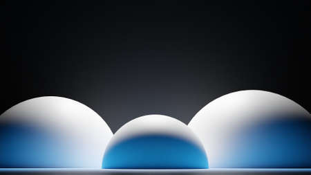 3D rendering. 3D illustration. Front view of three white balls with a blue light and reflections.の写真素材