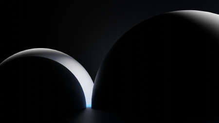3D rendering. 3D illustration. Very dark room with a dim light from the back illuminating three spheres. Platforms and spherical geometric bodies. neon light Black background.の写真素材