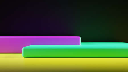 Background with geometric and colorful bodies. Stairs with cubic shapes. Very colorful background. Platforms to display products.3D rendering. 3D illustration.の写真素材