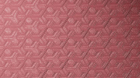 3D rendering. Red or pink texture with pattern of hexagons. Hexagonal wall carvings. Icosahedron pattern on the wall. Repeated geometric shapes on a wall.の写真素材
