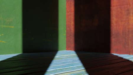 3D rendering. Corner of a room with textured walls. Room with metal walls and floor. Room with metal walls and lights projected from the front.の写真素材