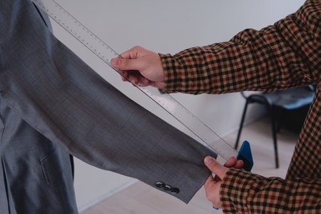 Fashion designer measuring a gray suit. Gray suit on a mannequin. Man in yellow suit working as a tailor. High quality photoの写真素材