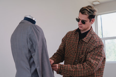 Tailor finishing a gray suit made to measure. Caucasian blond fashion designer dressed in a yellow suit. Clothing designer finishing his last garment. High quality photoの写真素材