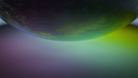 3d rendering. A background with a giant planet with purple and green colors. Wallpaper with a floating moon. Celestial body floating in space and with colorful lights.の写真素材