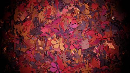 3d rendering. Lots of leaves on the ground that fell in the fall season. Autumn season leaves falling. Red and purple leaves.の写真素材