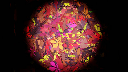 3d rendering. A light projector illuminating a pile of leaves on the ground that have fallen for the fall season. Red and purple leaves that fell in the season.の写真素材