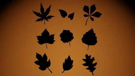 3d rendering. Black silhouettes of many leaves of trees on an orange background. Black shadows of autumn leaves.の写真素材