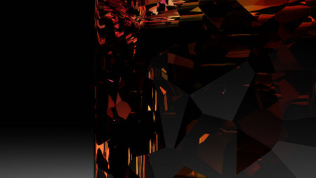 3D renderings. Red glass gem on a black isolated background. Natural mineral with hexagonal pattern. An orange and red crystal. Abstract pattern on a glass in black background.の写真素材