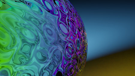 3D renderings. Giant glass orb with blue light. Crystal textured dial with a liquid pattern. Giant sphere on a colorful abstract background. An artistic background with ornaments and colors.の写真素材