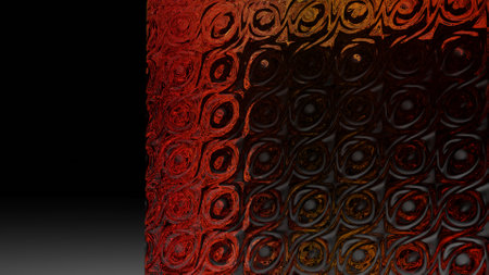 3D renderings. A crystal pattern on an abstract black background. Eye pattern on a glass surface. Liquid wave pattern with orange and yellow colors.の写真素材
