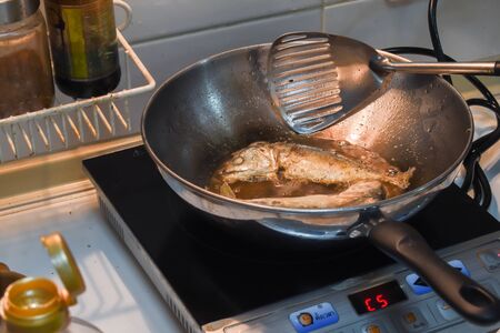 Home Cooking Fried mackerel in lockdown period in Bangkok Thailandの写真素材